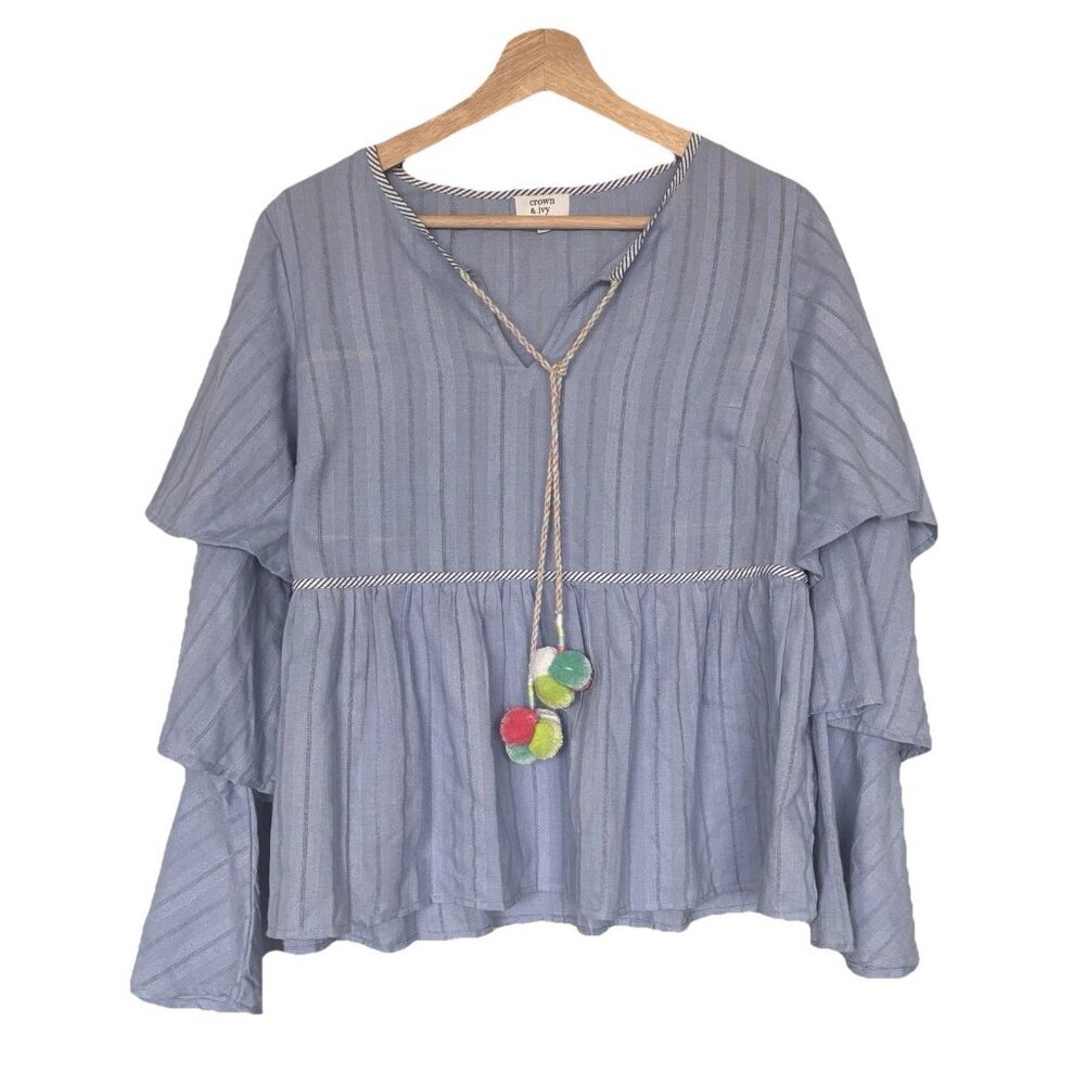 Crown & Ivy Boho peasant Blouse Blue Pom Pom Women’s Medium Resort Beach